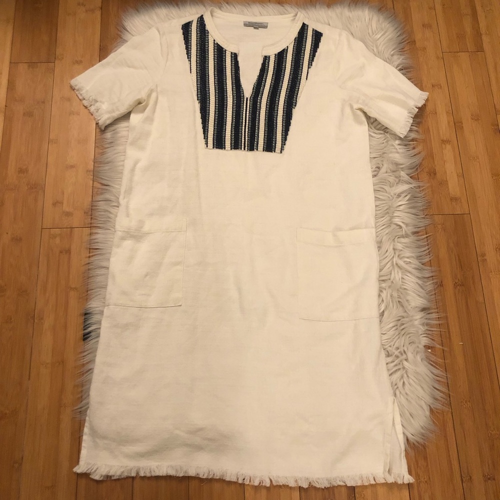 World Market Embroidered Fringe Short Sleeves Canvas White Mini Dress size S/M